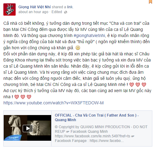 Thông tin đính chính được đăng trên trang chính thức Giọng hát Việt nhí.