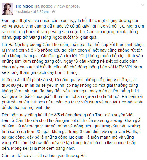 Chia sẻ của Hồ Ngọc Hà trên trang cá nhân về kết quả của MTV EMA 2014.