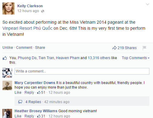 Kelly Clarkson hào hứng thông báo buổi biểu diễn của mình tại Việt Nam trên trang cá nhân.