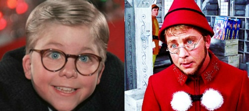 Billingsley thời trong phim A Christmas Story (trái) và bất ngờ xuất hiện trong Elf (phải).
