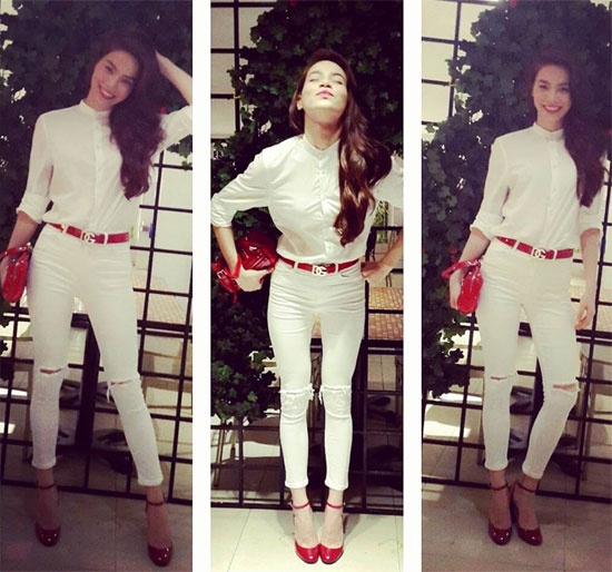 Bà mẹ một con cũng không quên phối hợp thêm phụ kiện như thắt lưng, túi xách, kính mắt... để thời trang, sành điệu hơn.