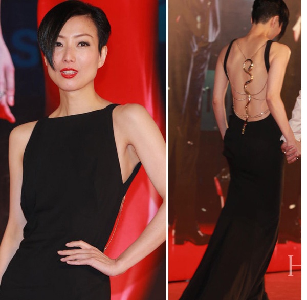 Trịnh Tú Văn tinh tế với đầm đen và phụ kiện phía sau lưng. Đây là style được nhiều người đẹp yêu thích, sử dụng trên thảm đỏ.