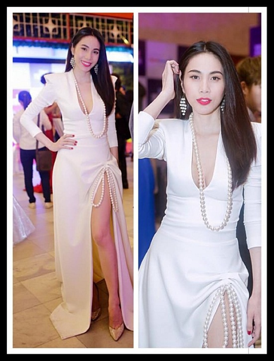 Bộ đầm dạ hội của Thủy Tiên sẽ còn đẹp hơn khi bỏ bớt những chuỗi ngọc trai lòng thòng ra. 