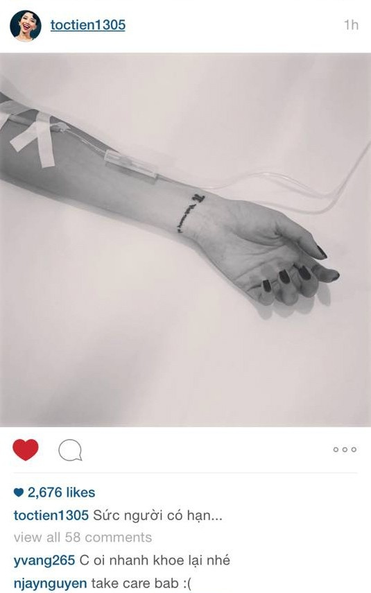 rên Instagram, cô chia sẻ tấm ảnh với cánh tay được truyền nước biển. Người hâm mộ khá lo lắng cho sức khỏe của nữ ca sĩ và không chắc liệu tình trạng này, Tóc Tiên có mặt ở đêm Gala hay không.
