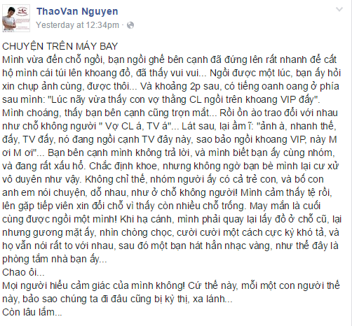 MC Thảo Vân chia sẻ câu chuyện mình gặp phải trong một chuyến bay.