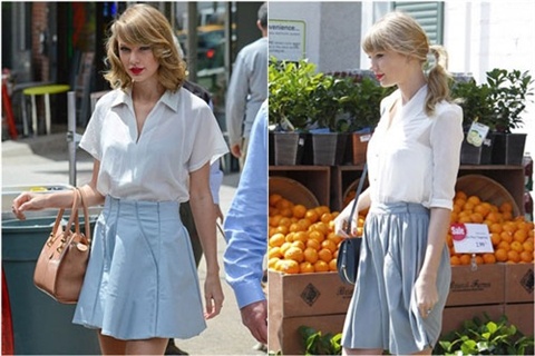 Không cầu kì, chỉ với áo sơ mi trắng và chân váy xanh như Taylor Swift, bạn đã có ngay một trang phục thanh lịch và tươi sáng để đi làm, đi chơi.