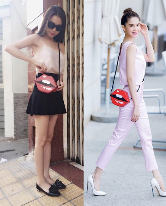 Chiếc túi hình đôi môi mang đến vẻ đẹp trẻ trung và xinh tươi cho cả Trà Ngọc Hằng và Ngọc Trinh.