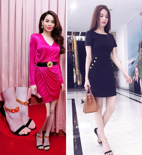 Hà Hồ và Ngọc Trinh khoe đôi chân thon thả, trắng ngần với đôi xăng đan hàng hiệu kiểu dáng thanh mảnh.