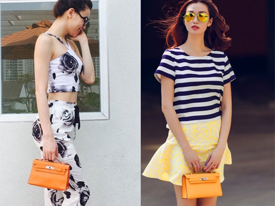 Những mẫu túi mini là mốt thời trang ăn khách của năm nay. Hà Hồ và Khánh My chọn túi cam của Hermes để kết hợp với trang phục hiện đại khi ra phố.