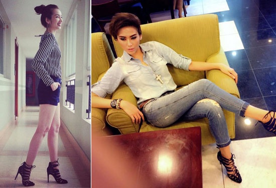 Đôi xăng đan buộc dây rất cá tính. Bởi vậy, cả Trúc Diễm và Hoàng Yến đều mix ăn ý cùng các item như quần short, áo sơ mi, quần jeans rách.