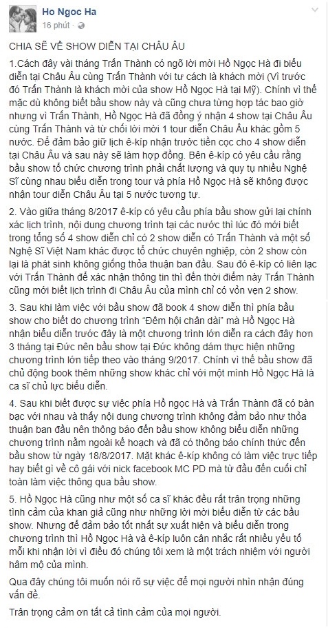 Ho Ngoc Ha len tieng vu bi to huy show chau Au anh 2