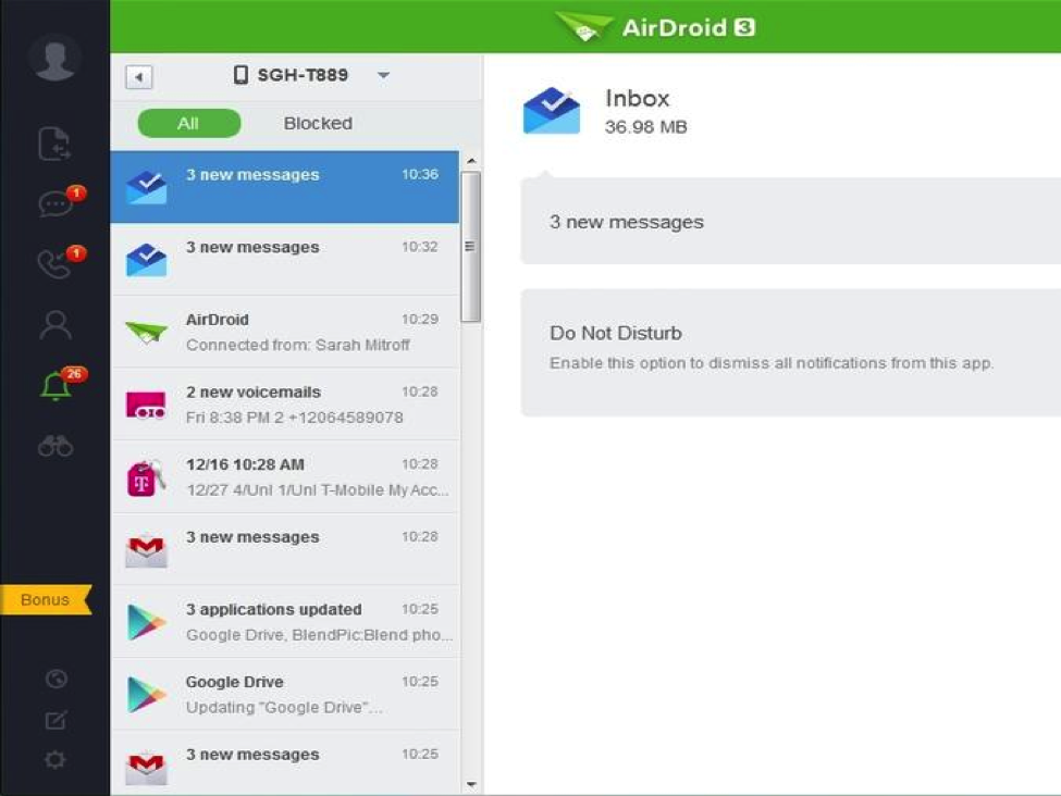 Bạn có thể nhìn thấy toàn bộ các thông báo trên điện thoại từ AirDroid.