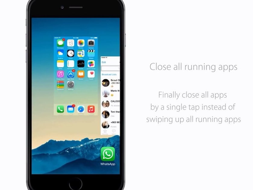 Đóng tất cả mọi ứng dụng chạy ngầm bằng việc kéo màn hình chính lên và xóa, có lẽ ý tưởng này “vay mượn” từ tweak Auxo trên Cydia. 