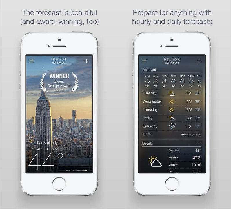 16.	Yahoo Weather Yahoo Weather là ứng dụng thời tiết được thiết kế đẹp nhất trên iPhone. Nó cung cấp cho bạn thông tin dự báo thời tiết hàng giờ, hàng ngày với độ chính xác cao. Điểm nổi bật của nó nằm ở ngôn ngữ thiết kế đơn giản cũng như Yahoo sử dụng các bức ảnh có độ nét cao từ kho ảnh Flickr của họ.