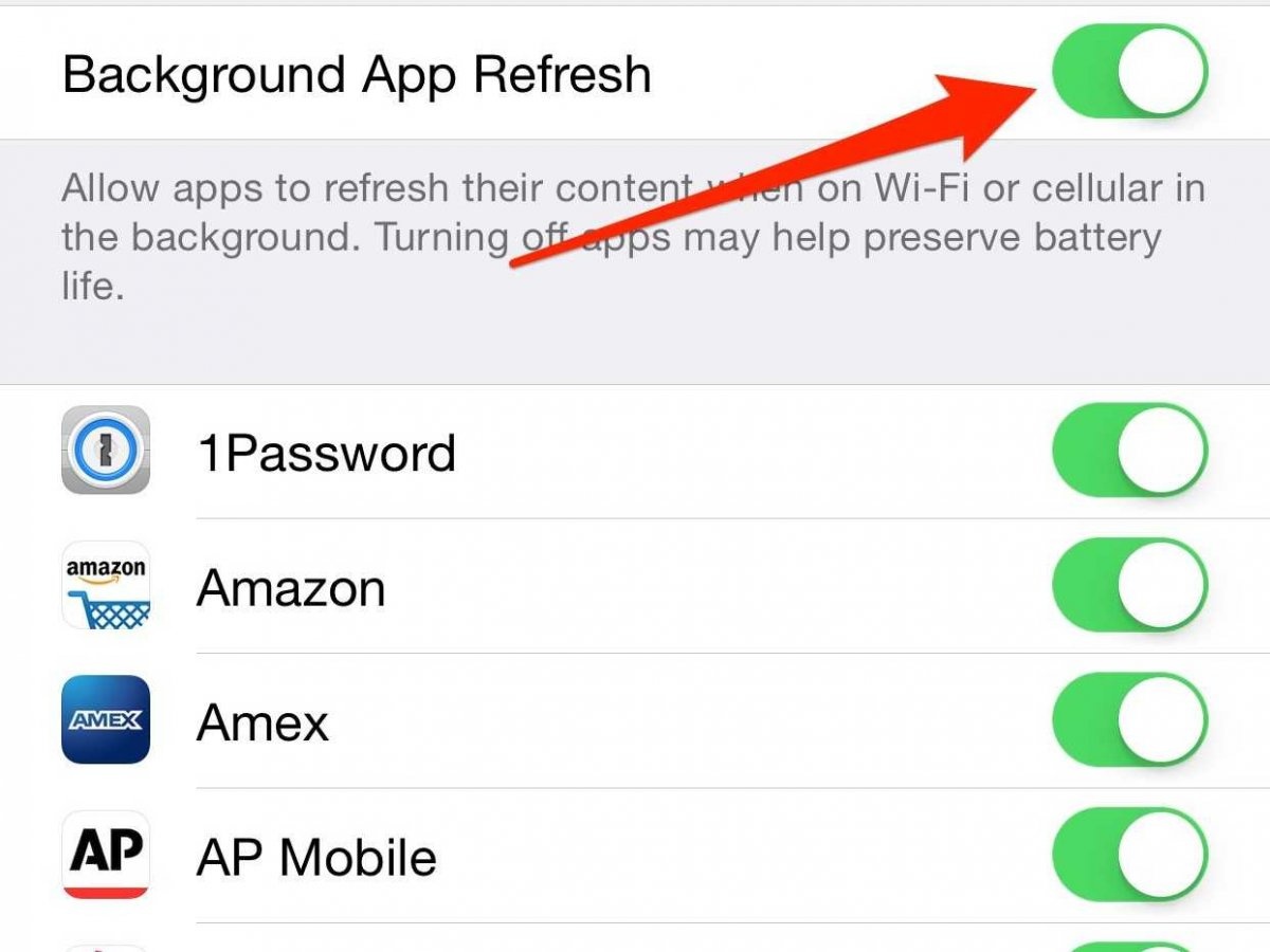 Tắt Làm mới Ứng dụng Trong nền: iOS 8 cho phép các ứng dụng chạy nền ngay cả khi người dùng đang sử dụng ứng dụng khác. Trong một số trường hợp, những ứng dụng chạy nền làm iPhone tốn pin mà người dùng không biết. Vào Cài đặt > Cài đặt chung >Làm mới Ứng dụng Trong nền > Có thể tùy chọn tắt không có ứng dụng nào tự làm mới hoặc tùy chọn từng ứng dụng riêng lẻ.