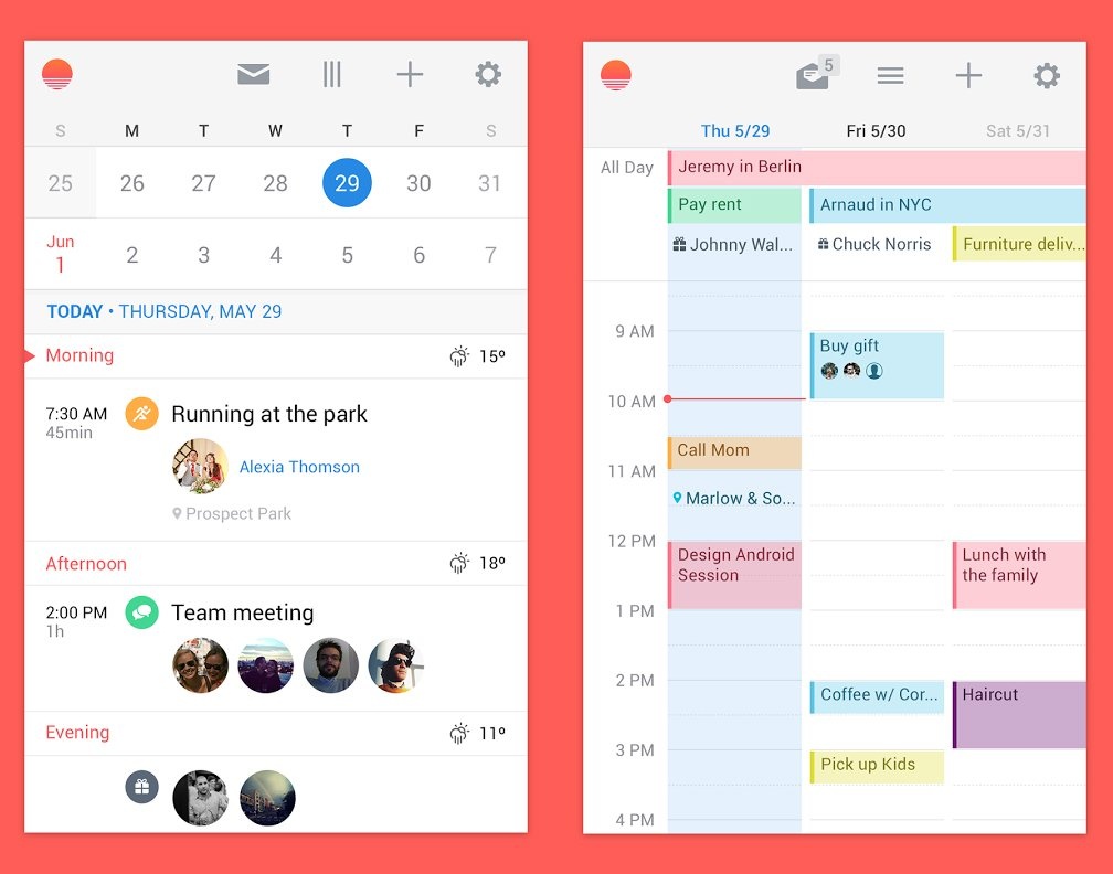 2.	Sunrise: Cũng là một ứng dụng từ Microsoft, là sản phẩm thay thế hoàn hảo cho ứng dụng Lịch măc định trên iPhone. Tương tự ứng dụng Lịch của Apple, Sunrise có khả năng lấy dữ liệu từ các ứng dụng lịch năm khác mà bạn sử dụng. Tuy nhiên, không dừng lại ở đây, Sunrise còn có tính năng nhắc nhở, hiển thị thông tin dự báo thời tiết dựa trên địa điểm của người dùng và cơ chế hiển thị thông tin trong ngày thông minh giúp xem nhanh mà không cần nhấn bất kì nút tương tác nào. Sunrise còn khá khả năng đồng bộ đa thiết bị tốt. Công ty tạo ra Sunrise mới được Microsoft mua lại với giá <abbr class=