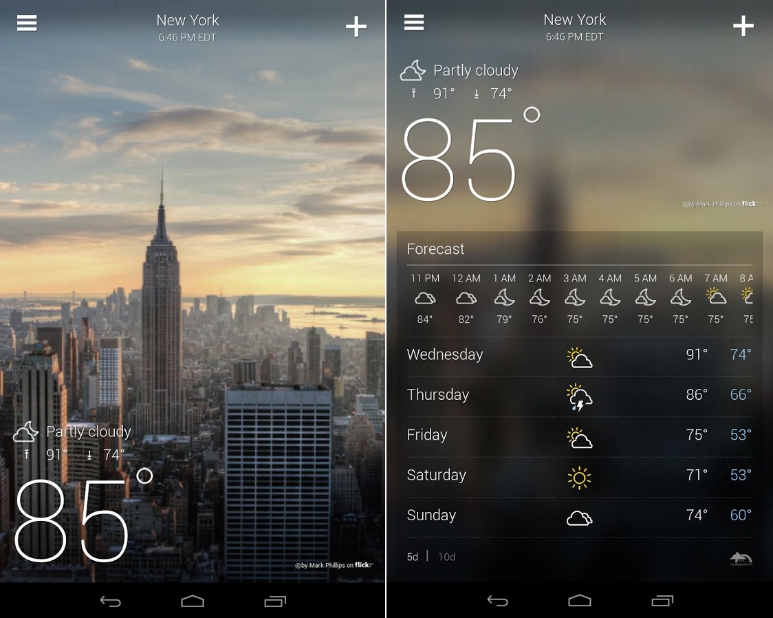 7.	Yahoo Weather: Yahoo Weather là ứng dụng thời tiết được thiết kế đẹp nhất trên iPhone. Nó cung cấp cho bạn thông tin dự báo thời tiết hàng giờ, hàng ngày với độ chính xác cao. Điểm nổi bật của nó nằm ở ngôn ngữ thiết kế đơn giản cũng như Yahoo sử dụng các bức ảnh có độ nét cao từ kho ảnh Flickr của họ. Mặc dù cả Yahoo Weather lẫn ứng dụng Thời tiết mặc định đều lấy dữ liệu từ The Weather Channel nhưng Yahoo Weather được đánh giá cao hơn ở khía cạnh thẩm mỹ.