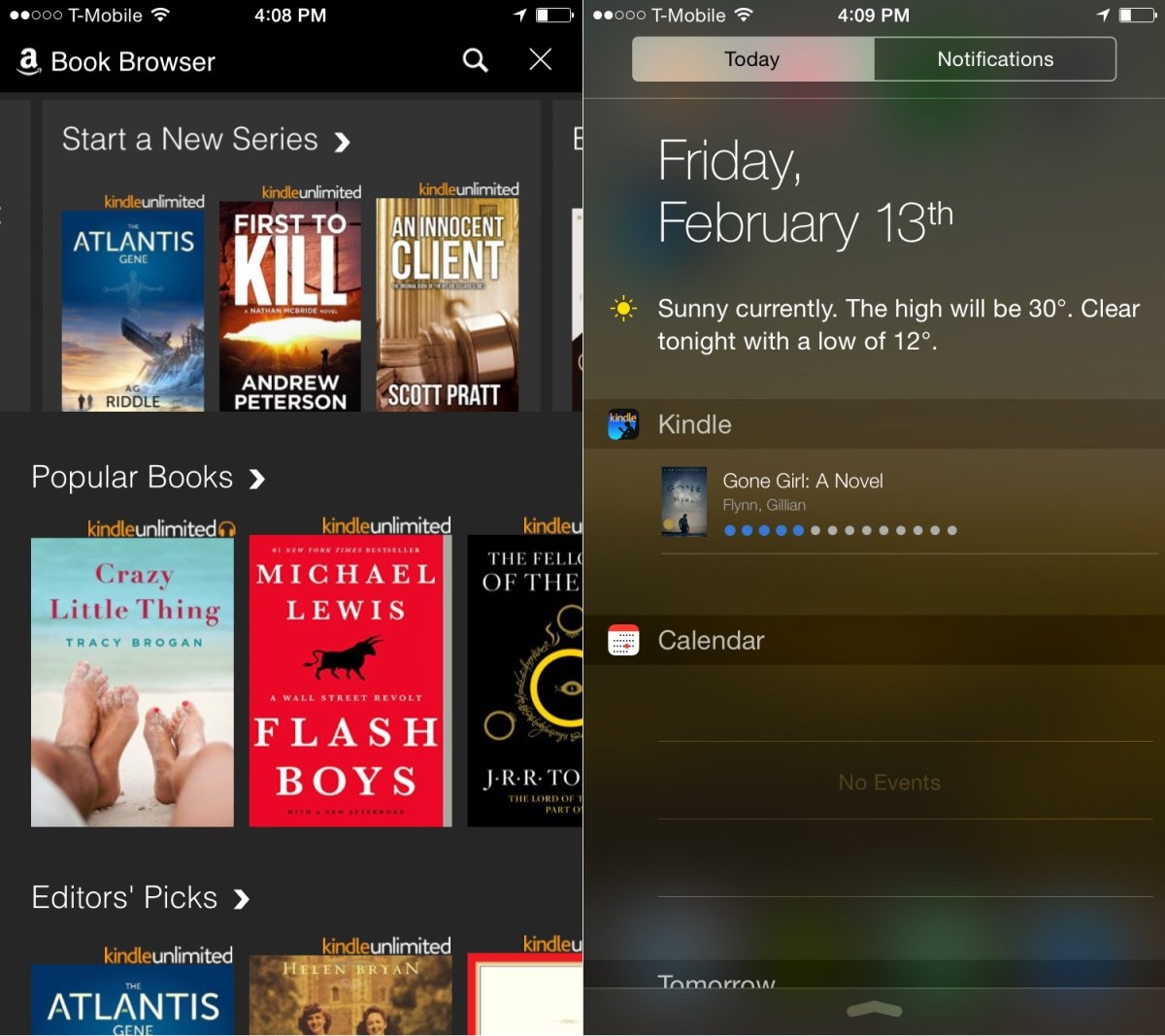10.	Kindle: Được mệnh danh là ứng dụng đọc sách điện tử tốt nhất. với iOS 8, widget của Kindle kết nối trực tiếp với kho sách của Amazon, cho người dùng thông tin các tựa sách được quan tâm nhất từ người dùng và biên tập viên, ngoài ra Kindle cũng cá nhân hóa hơn, chỉ cần chạm vào quyển sách đang đọc, ứng dụng sẽ tiếp tục với mở ra trang người dùng đang đọc.