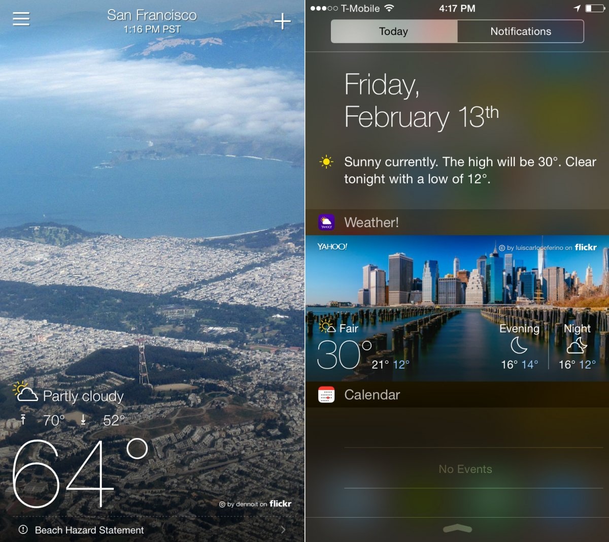 3.	Yahoo Weather: Yahoo Weather được mệnh danh là ứng dụng thời tiết đẹp nhất trên iPhone, cung cấp cho người dùng thông tin dự báo thời tiết hàng giờ, hàng ngày với độ chính xác cao. Điểm nổi bật của nó nằm ở ngôn ngữ thiết kế đơn giản cũng như Yahoo sử dụng các bức ảnh có độ nét cao từ kho ảnh Flickr của họ. Với iOS 8, người dùng chỉ kéo màn hình từ phía trên xuống để thấy được widget về thời tiết từ Trung tâm Thông báo.
