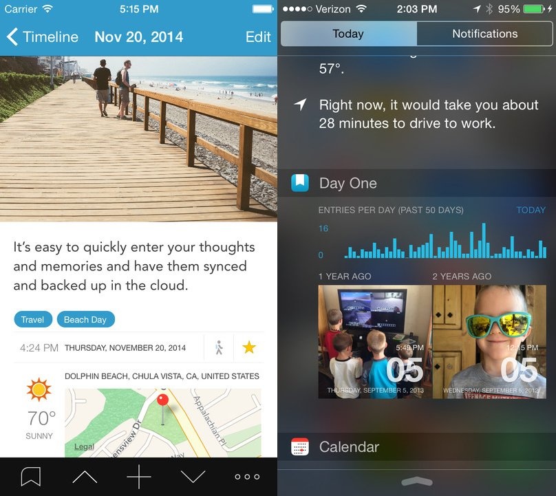 7.	Day One: Day One là một ứng dụng viết nhật ký dành cho Mac và thiết bị iOS. Bằng bộ công cụ được cung cấp sẵn, người dùng dễ dàng viết những trang nhật ký sinh động đẹp mắt có đính kèm hình ảnh, video, ngày tháng.... Người dùng có thể đồng bộ hóa những gì mình viết từ Mac lên dịch vụ iCloud hoặc Dropbox để có thể xem chúng trên các thiết bị iOS và ngược lại. Hơn thế nữa, Day One còn cung cấp một hệ thống bảo mật khá tốt, cho phép người dùng thiết lập mật khẩu đối với những trang nhật ký cá nhân. Giờ đây, người dùng chỉ cần kéo Trung tâm Thông báo xuống để tạo nhật ký mới và xem lại những khoảnh khắc của mình trước đây.