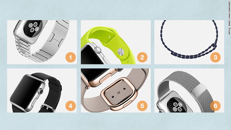 6. Có 6 loại dây đeo Apple cho người dùng lựa chọn giữa dây đeo kim loại truyền thống có khớp bấm, dây cao su, da cách điệu như vòng đeo tay, da trơn với móc khoá cổ điển, da trơn với móc khóa kiểu mới, dây kim loại với mắt xích nhỏ.