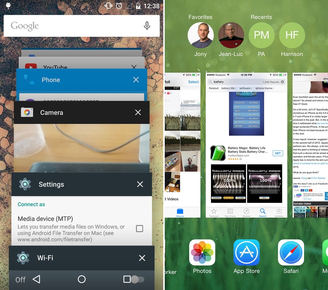 3. Chạy nhiều ứng dụng cùng lúc Nền tảng iOS của Apple hỗ trợ đa nhiệm, nhưng chỉ duy nhất một ứng dụng có thể sử dụng được tại thời điểm đó. Với Galaxy S6 và cả S6 Edge, người dùng dễ dàng chạy cả 2 ứng dụng cạnh nhau. Thậm chí, Samsung còn cho phép sao chép nội dung từ ứng dụng này sang ứng dụng khác bằng các thao tác đơn giản. (Ảnh: PhoneArena)