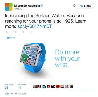 Microsoft ra mắt đồng hồ thông minh: Tài khoản Twitter chính thức của Microsoft tại Australia vừa đăng tải hình ảnh một thiết bị mới có tên gọi Surface Watch. Sản phẩm sở hữu thiết kế kim loại bóng bẩy, màn hình lớn với giao diện tương tự hệ điều hành Windows Phone.
