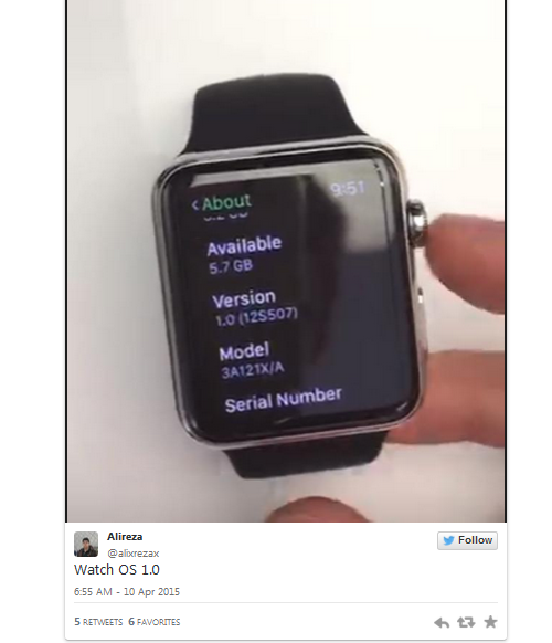 Phần thông tin thiết bị cho thấy thiết bị sử dụng Aple Watch OS 1.0.