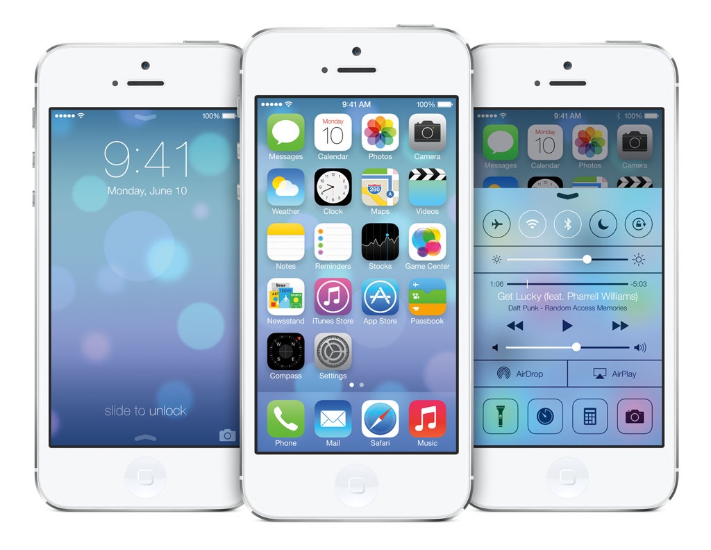 iOS 7: tại hội nghị các nhà phát triển tháng 6/2013 Jony Ive đã giới thiệu iOS 7 với ngôn ngữ thiết kế hoàn toàn mới - Material design, từ các icon, phông chữ, giao diện người dùng, Trung tâm thông báo, cải thiện đa nhiệm trên iPhone, Safari đơn giản hơn với các thao tác trượt. iOS 7 còn được Apple tích hợp iTunes Radio vào thư mục Âm nhạc. Đặc biệt, từ iPhone 5S trở đi, người dùng có thể quay Slow-motion với 120 khung hình 1 giây.