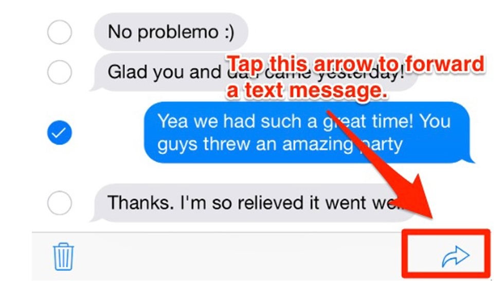 Chuyển tiếp tin nhắn văn bản bằng cách giữ tin nhắn cần chuyển sau đó chọn Thêm > Click vào mũi tên dưới cùng bên phải và chọn người cần chuyển tiếp tin nhắn.