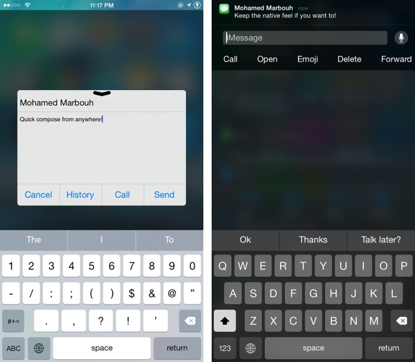 Columba: Bạn muốn có một ứng dụng tin nhắn mới cùng nhiều tùy chỉnh, hãy thử Columba. Tweak tích hợp trả lời tin nhắn nhanh, soạn tin nhanh, hẹn giờ gửi tin nhắn,... Tuy nhiên thi thoảng Columba có hiện một số quảng cáo khiến người dùng khá khó chiu. Bên cạnh Columba, BiteSMS cũng là một tweak thay trình Tin nhắn mặc định tuy nhiên BiteSMS mới chỉ hỗ trợ iOS 8.0 -  8.3, chưa hỗ trợ 8.4. Ảnh: redmondpie.com.