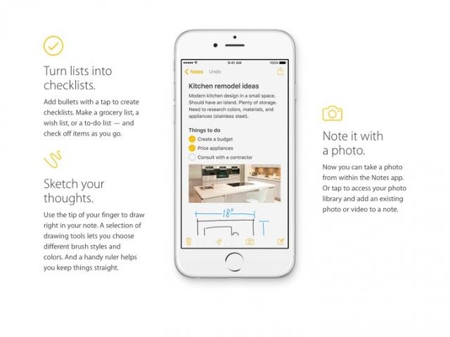 4. Ứng dụng Ghi chú: Ghi chú được cải tiến bổ sung nhiều tính năng mới, người dùng dễ dàng chèn ảnh, vẽ, chèn bản đồ,... Đây có là lần cập nhật lớn nhất cho ứng dụng Ghi chú đem lại cho người dùng trải nghiệm hoàn toàn mới.