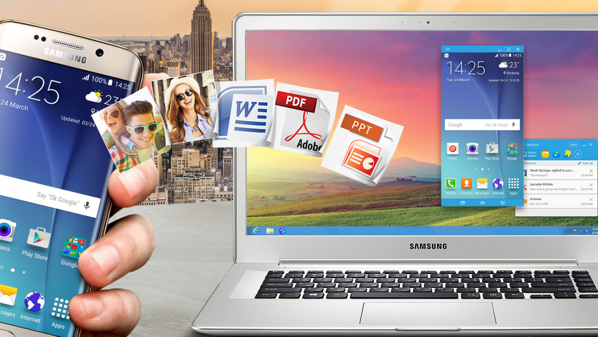  8. Nhận thông báo và chuyển các tập tin với PC và máy Mac: Tính năng SideSyne cho phép người dùng nhận thông báo và chuyển các tập tin từ Note 5 và S6 Edge+ lên máy tính. Ngoài ra tính năng còn có thể tạo môi trường giả lập của smartphone lên màn hình máy tính điều mà iPhone chỉ có thể hoạt động với máy Mac.