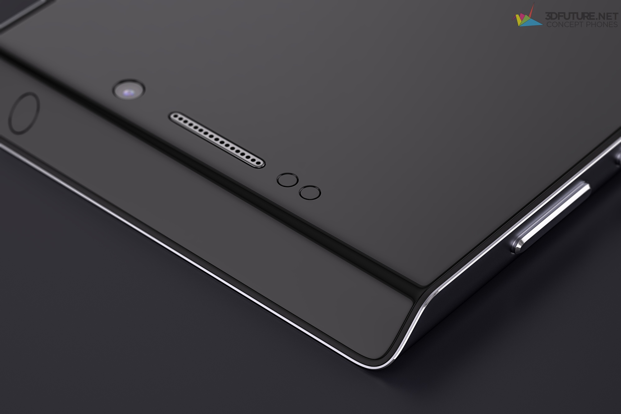 Phần màn hình cong này có thể hiển thị các thông báo. Nhóm tác giả cho rằng cách bố trí này giúp người dùng thao tác thuận tiện hơn so với thiết kế truyền thống. Ngay phía dưới là loa đàm thoại, cụm camera trước với đèn flash kép.