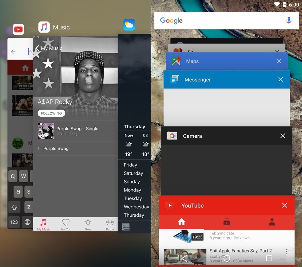 Đa nhiệm trên iOS 9 được thiết kế mới theo dạng lật trang sách chứ không còn là dạng thẻ như iOS 7 và 8. Màn hình chuyển đổi ứng dụng của Android 6 vẫn tương tự phiên bản trước.