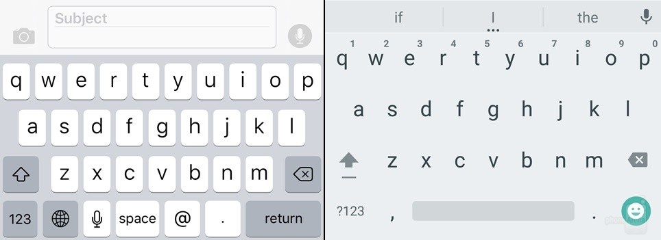 Font chữ: Apple bắt đầu sử dụng font chữ San Francisco thay cho Helvetica trên iOS 9 cũng như phân biệt bàn phím thường và in hoa. Trong khi Google tiếp tục sử dụng Roboto làm phông chữ mặc định của Marshmallow.
