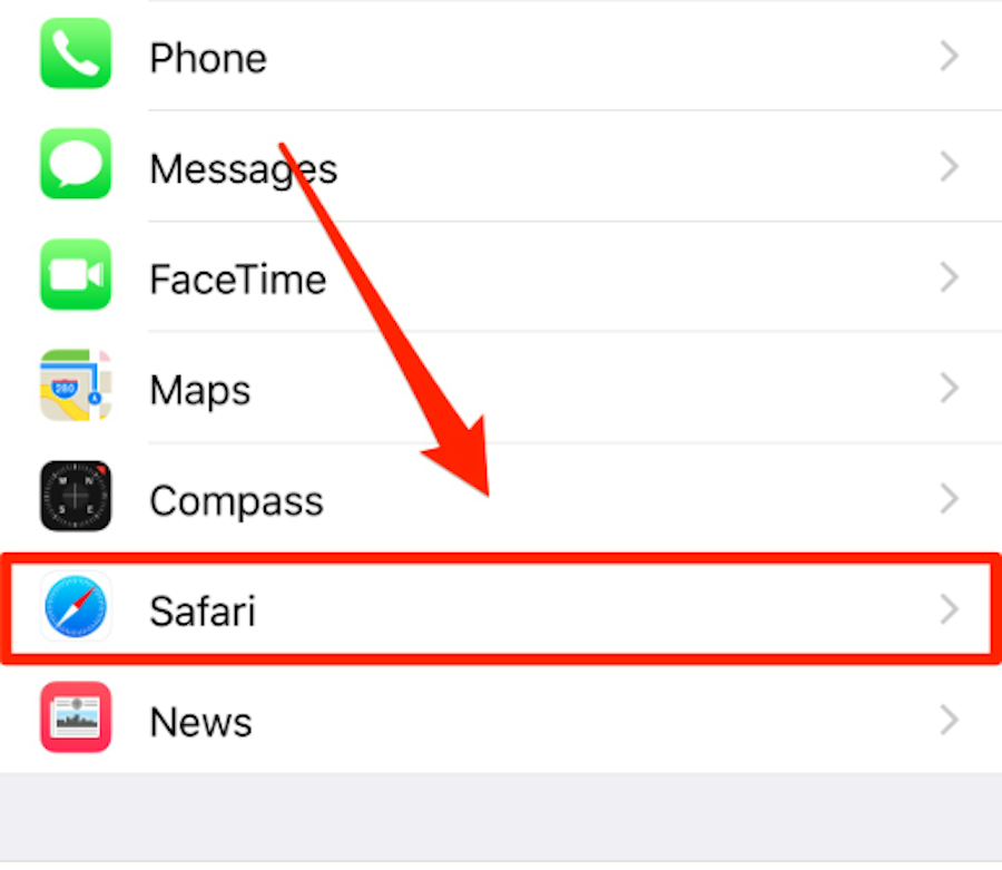 Bước 3: Chọn Safari trong Setting.