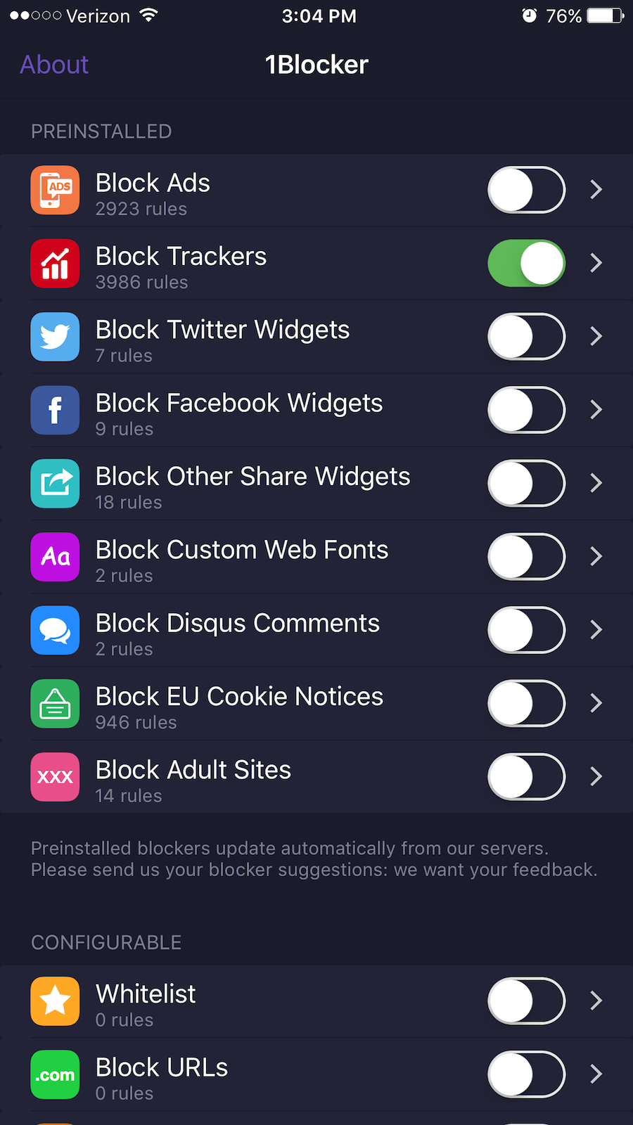 Bước 7: bât thứ mà bạn muốn chặn trong phần mềm 1Blocker.