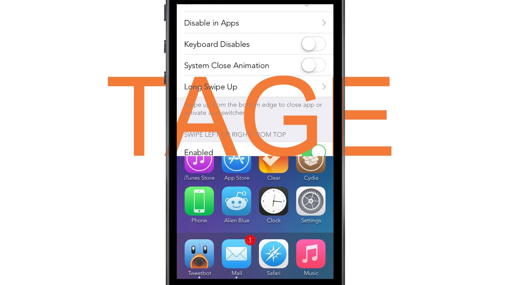 Tage là tùy chỉnh đa nhiệm tuyệt vời trên iOS. Chỉ cần trược lên từ góc dưới màn hình để đóng ứng dụng hoặc mở đa nhiệm, trược từ hai góc màn hình để chuyển đổi ứng dụng.