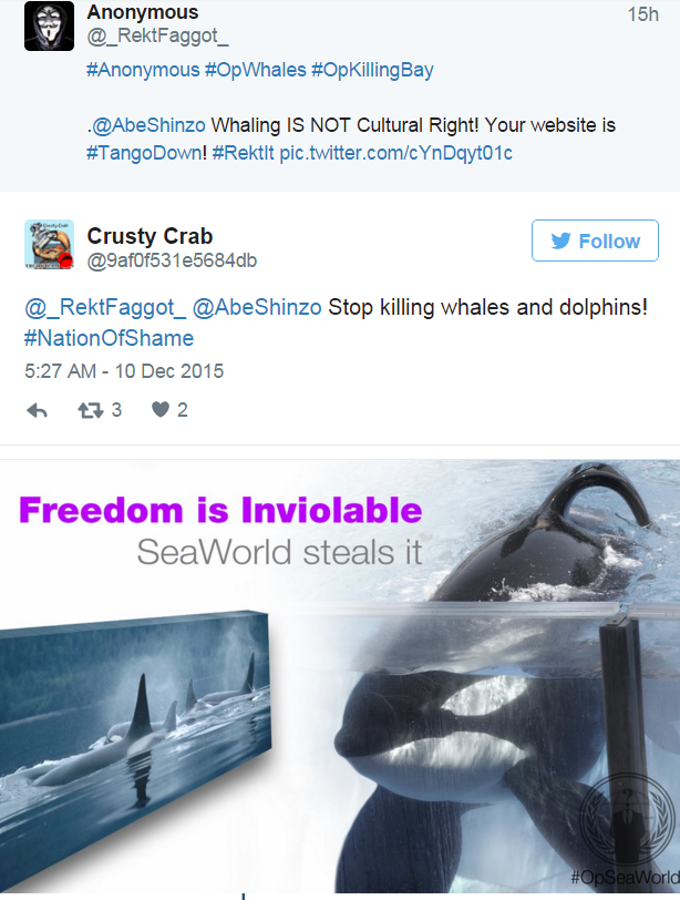 Anonymous cũng chia sẻ lại nhiều thông điệp phản đối chiến dịch săn cá voi của Nhật Bản
