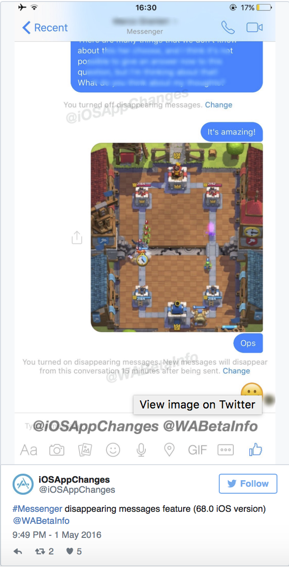 Tin nhắn tự hủy của Messenger xuất hiện trên hệ điều hành iOS ảnh 1 Tin nhan tu huy cua Messenger xuat hien tren he dieu hanh iOS anh 1