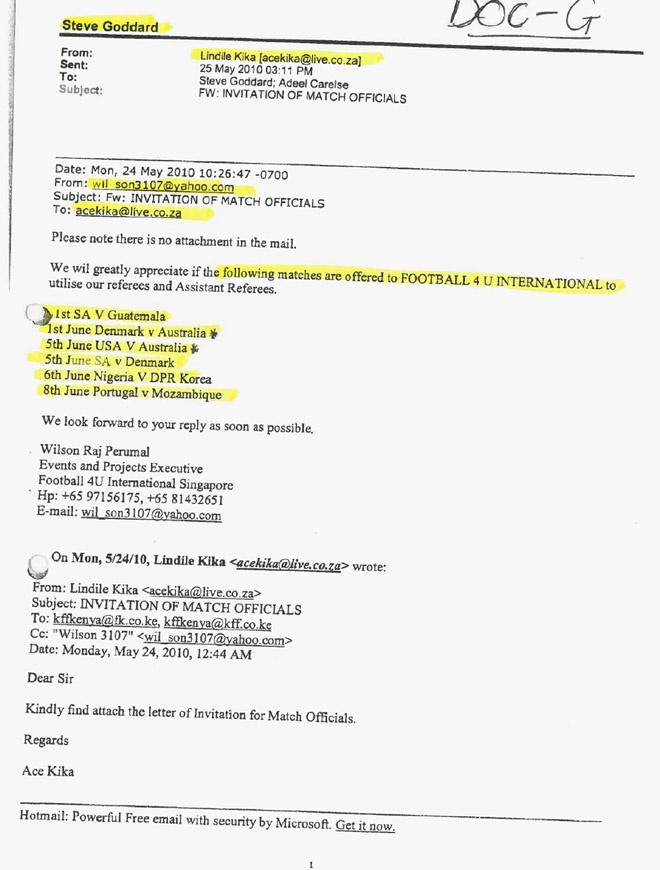 Một email mà Perumal gửi cho Goddard, có danh sách các trận mà hắn muốn “cầm còi”.