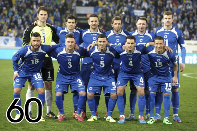 60 - Dù là tân binh World Cup, song Bosnia & Herzegovina là đội tuyển giàu kinh nghiệm nhất tại giải lần này. Trung bình mỗi cầu thủ có tới 60 lần khoác lên mình chiếc áo đội tuyển quốc gia.