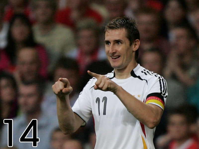 14 - Tiền đạo Miroslav Klose của tuyển Đức là cầu thủ hiện đang thi đấu có số bàn thắng nhất lịch sử World Cup - 14 lần. Nếu khai hỏa tại giải lần này, Klose sẽ quân bình kỷ lục của Ro “béo”.