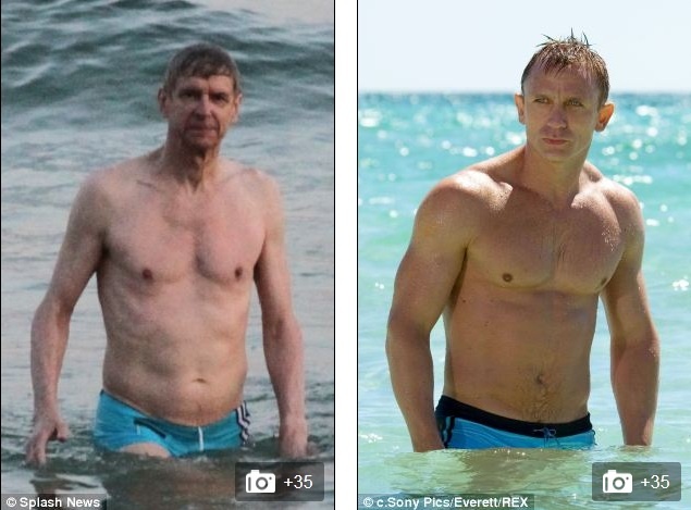 Arsene Wenger và Daniel Craig là hai cái tên chưa bao giờ xuất hiện trong cùng một câu. Tuy nhiên, điều này đã xảy ra khi chiến lược gia người Pháp tới Copacabana (Brazil) để giải nhiệt và tận hưởng không khí World Cup. Hình ảnh Wenger cửi trần, mặc quần đùi tắm biển khiến người ta nhớ lại hình ảnh Daniel Craig – vai chính trong bộ phim nổi tiếng Điệp viên 007.