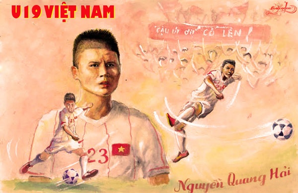 Bo tranh ve co dong U19 Viet Nam y nghia cua hoa si 8X hinh anh