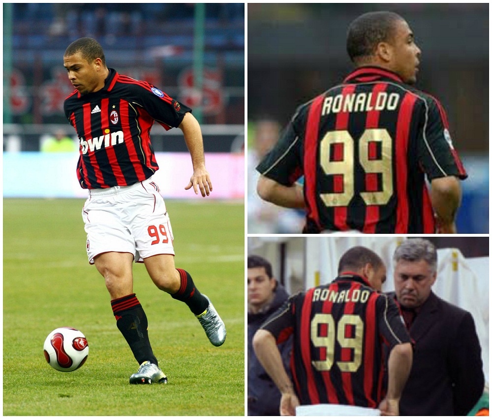 Sau quãng thời gian chinh chiến tại PSV, Barca, Inter Milan và Real, huyền thoại người Brazil chọn AC Milan làm điểm dừng chân tiếp theo. Do chiếc áo số 9 tại San Siro đã có chủ nên “người ngoài hành tinh” quyết định lấy áo số 99. Nhiều người cho rằng Ro béo chọn số 99 vì nó là tên của một loại kem mà anh ưa thích, song đó chỉ là sự phỏng đoán.