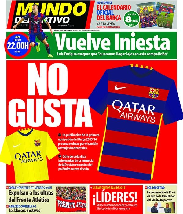 Tờ Mundo Deportivo đăng tải mẫu ao mới của Barca mùa 2015/16.