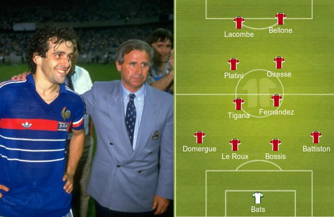 HLV Michel Hidalgo xây dựng lên một ĐT Pháp huyền thoại và đỉnh điểm là lên ngôi vô địch EURO 1984. Ông vẫn trung thành với sơ đồ 4 hậu vệ, song có bước đột phá trên hàng tiền vệ và hàng công. Với sự sáng tạo và cơ động của những huyền thoại như Jean Tigana, Michael Platini, ĐT Pháp trở nên khó lường với hàng công thi đấu theo trục dọc 2 người một. Tigana, Fernandez đá thấp nhất hàng tiền vệ, phía trên là Platini, Giresse hỗ trợ cho cặp tiền đạo Lacombe - Bellone.