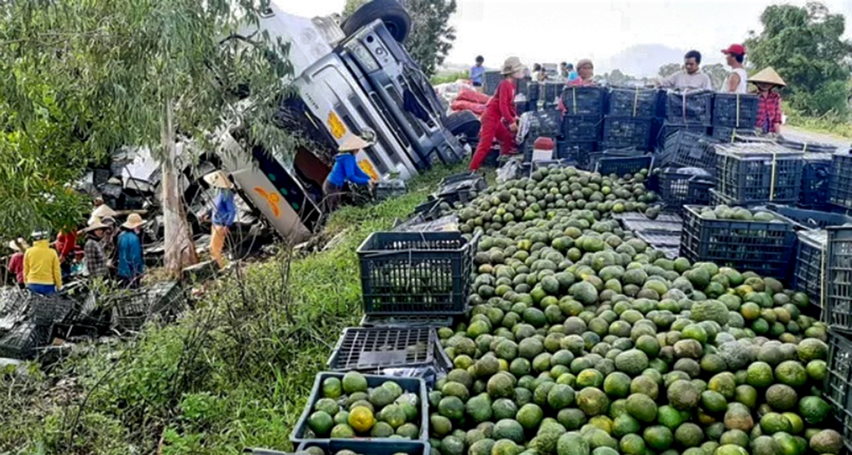 Xe tai cho trai cay lat up, dan Quang Ngai nhat giup tai xe hinh anh